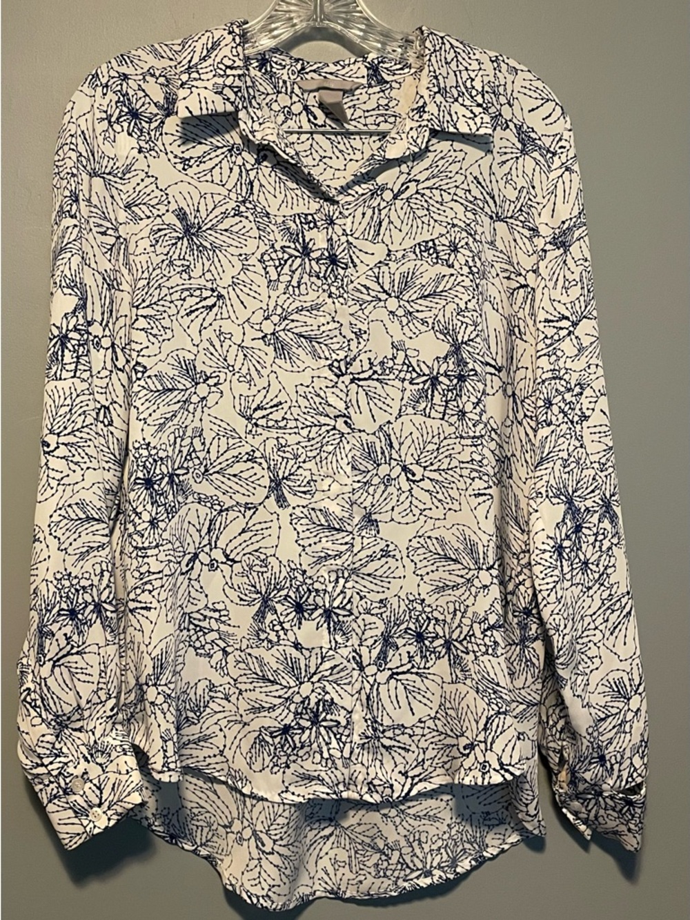 H&M White Blouse with Navy Floral Line Print